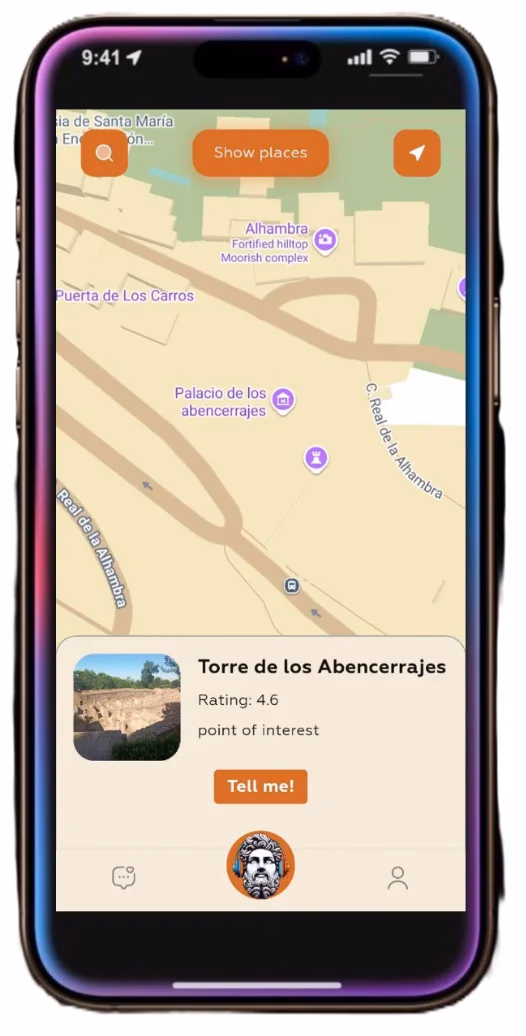 Aplicación Herodot AI mostrando el mapa de la Torre de los Abencerrajes